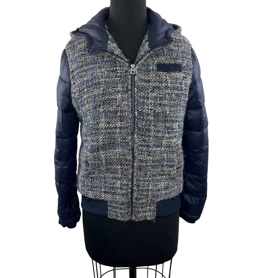 Members Only Women's Tweed Quilted Full Zip Bomber Jacket Navy Blue Sz M Medium